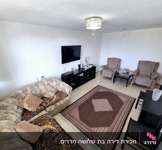 סלון עם ספה, כורסאות, שטיח וטלוויזיה על הקיר